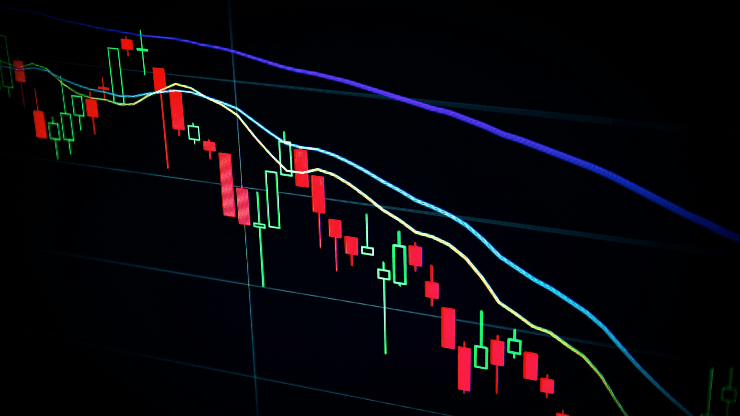 Candlestick chart on a dark screen with red and green price candles trending downward, overlaid with blue, purple and yellow moving average lines.